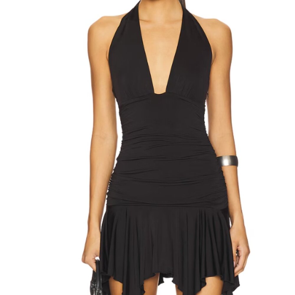 Black Halter V-Neck Ruched Mini Dress